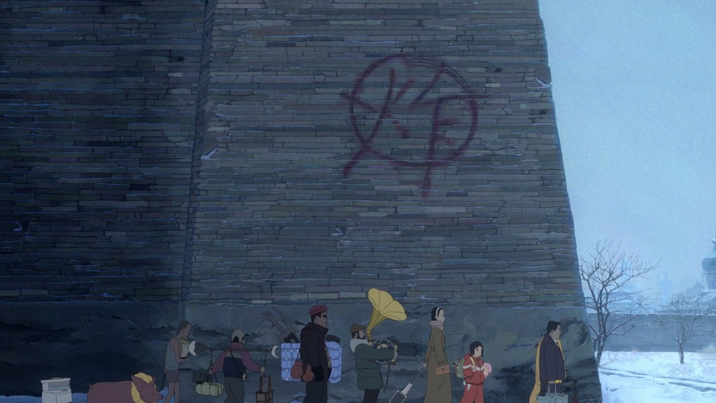 Workers in line at the snowy studio ot