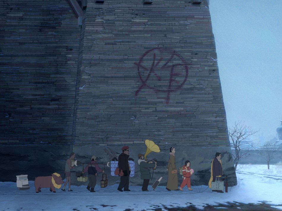 Workers in line at the snowy studio ot