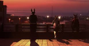 Anthropomorphic animals poking at sunset