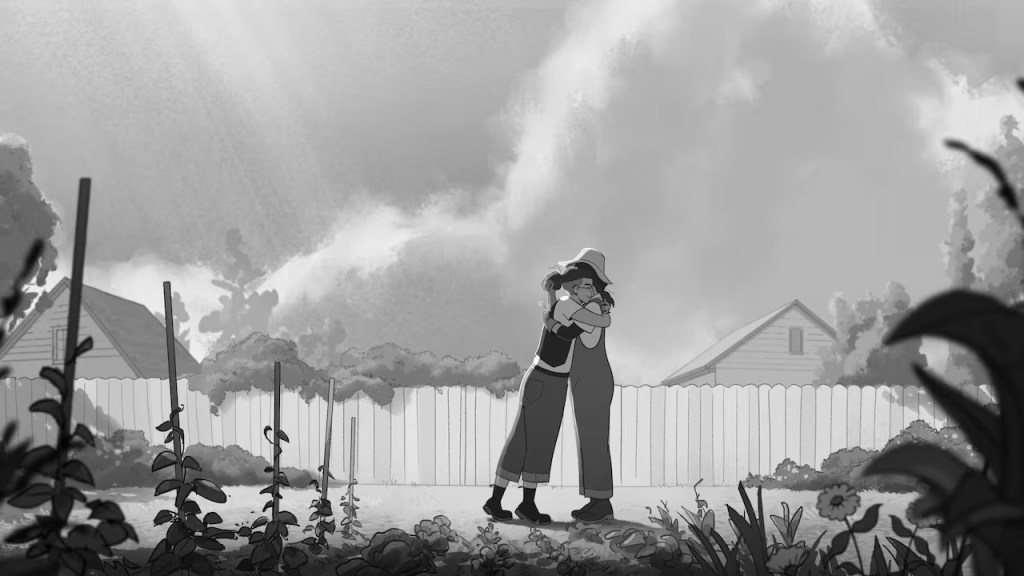 Sarah and mother embracing in garden