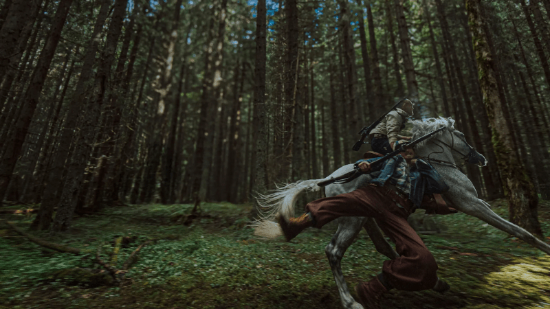 Chase scene in forest with horse